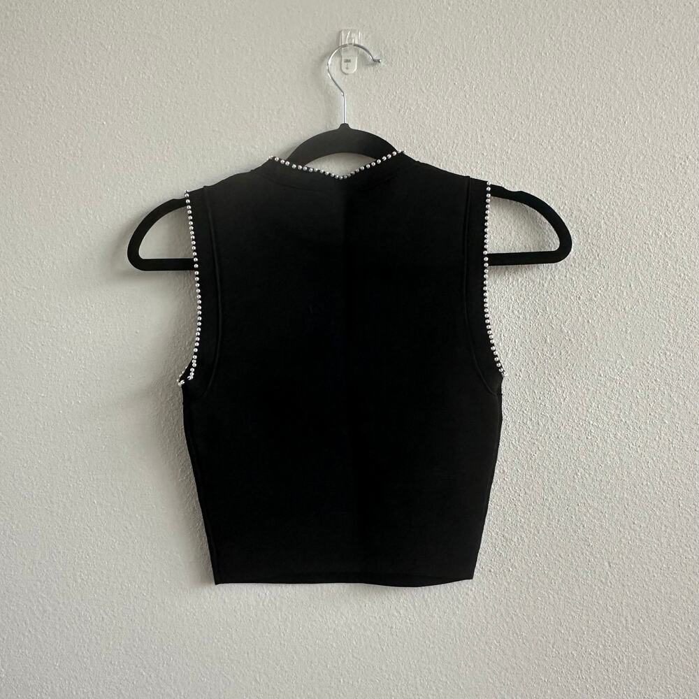 Sandro Gild Faux Pearl Embellished Sleeveless Knit Tank Top Black - Picture 5 of 5